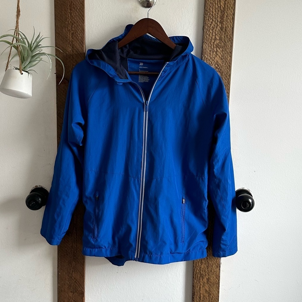 All In Motion Boys Large Royal Blue Hooded Windbreaker Zip Up Jacket Coat